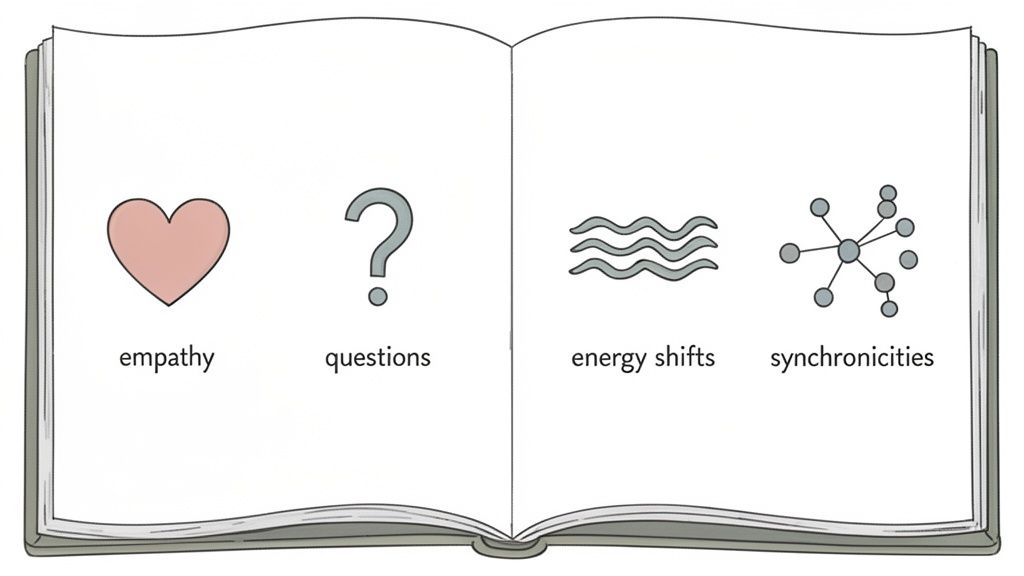 An open book with icons and text: empathy, questions, energy shifts, and synchronicities.