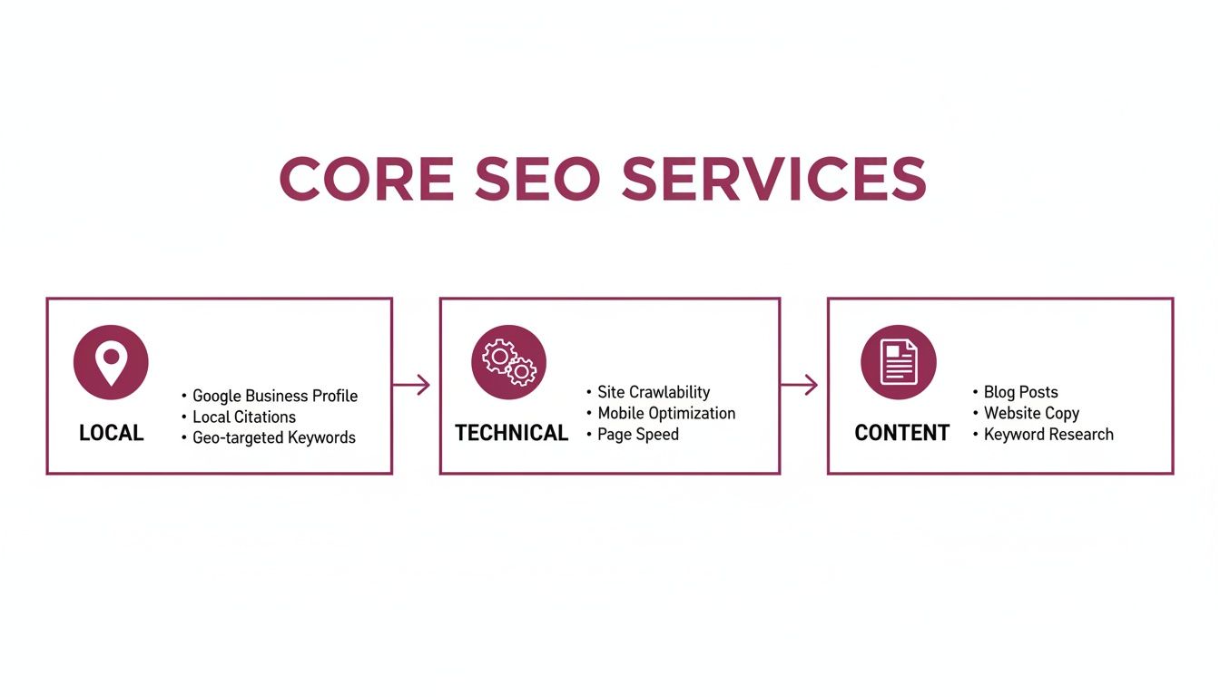 Core SEO services diagram outlining local, technical, and content strategies with key components.