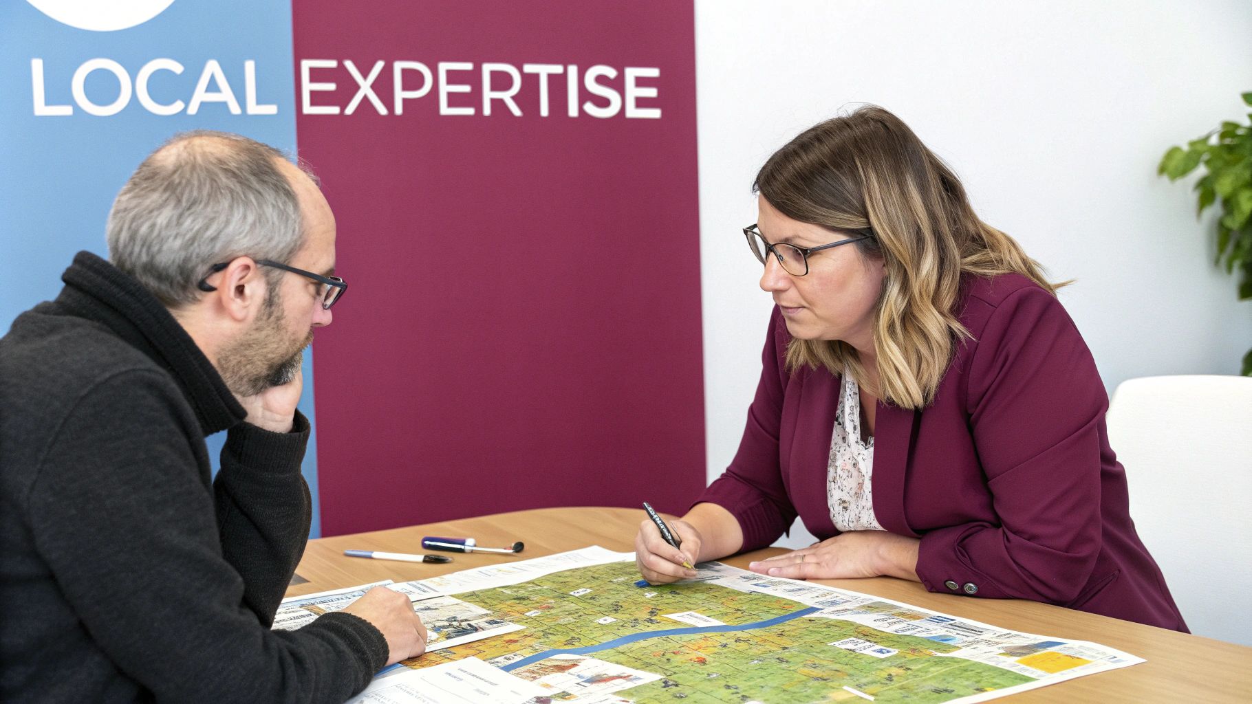 Two professionals discuss a map during a local expertise consultation at a table.