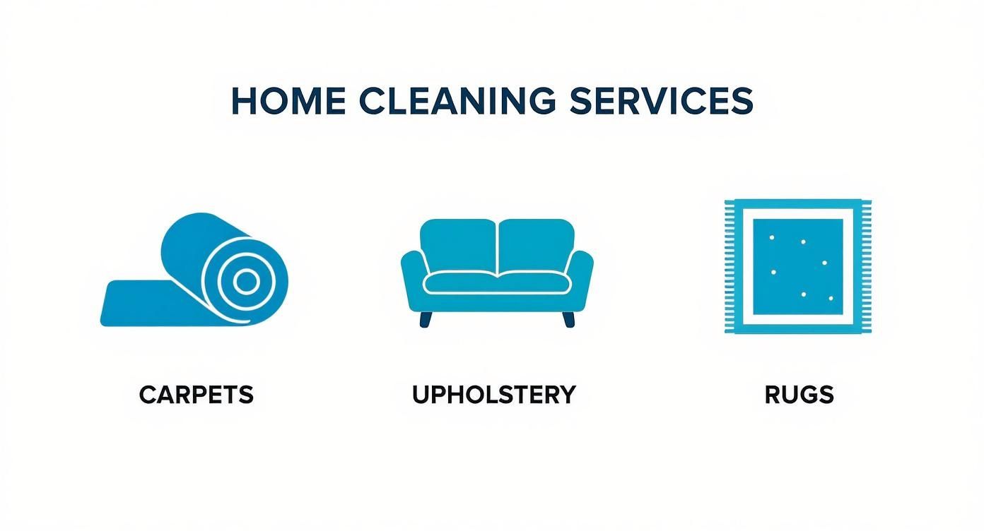 Home cleaning services banner showing icons for carpets, upholstery, and rugs.