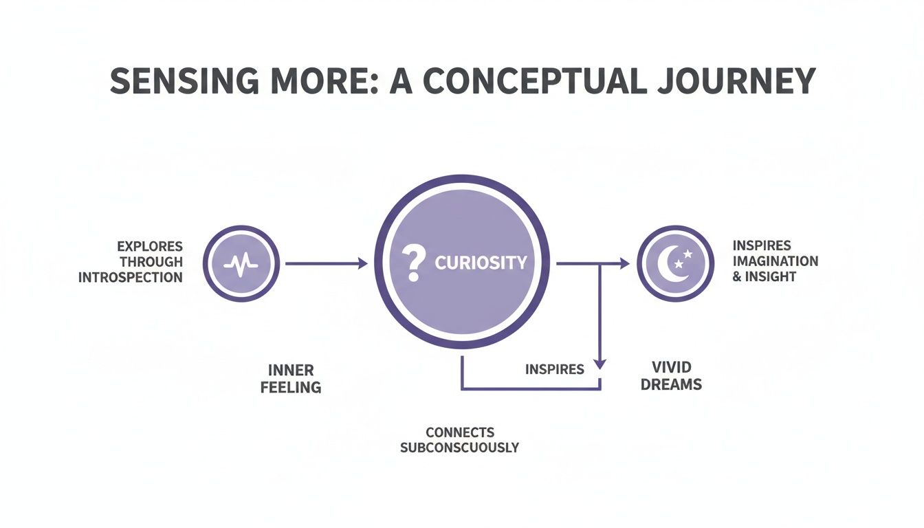 Conceptual diagram illustrating a journey from inner feeling and introspection through curiosity to imagination and vivid dreams.