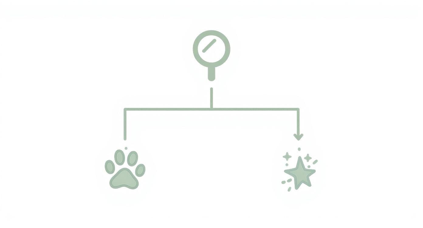 A simple diagram with a top icon branching into a paw print and a sparkling star icon.