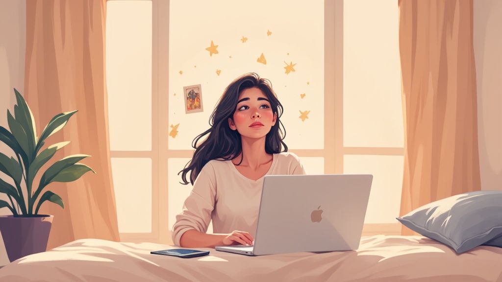 A young woman works on a laptop in a sunny room, looking up thoughtfully, with stars floating around her.