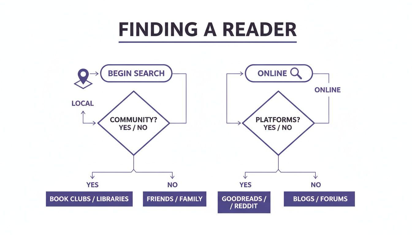 A flowchart titled 'Finding a Reader', detailing local and online methods for connecting with readers.