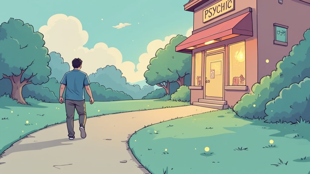A cartoon man walks on a path towards a 'PSYCHIC' building with trees and grass under a blue sky.