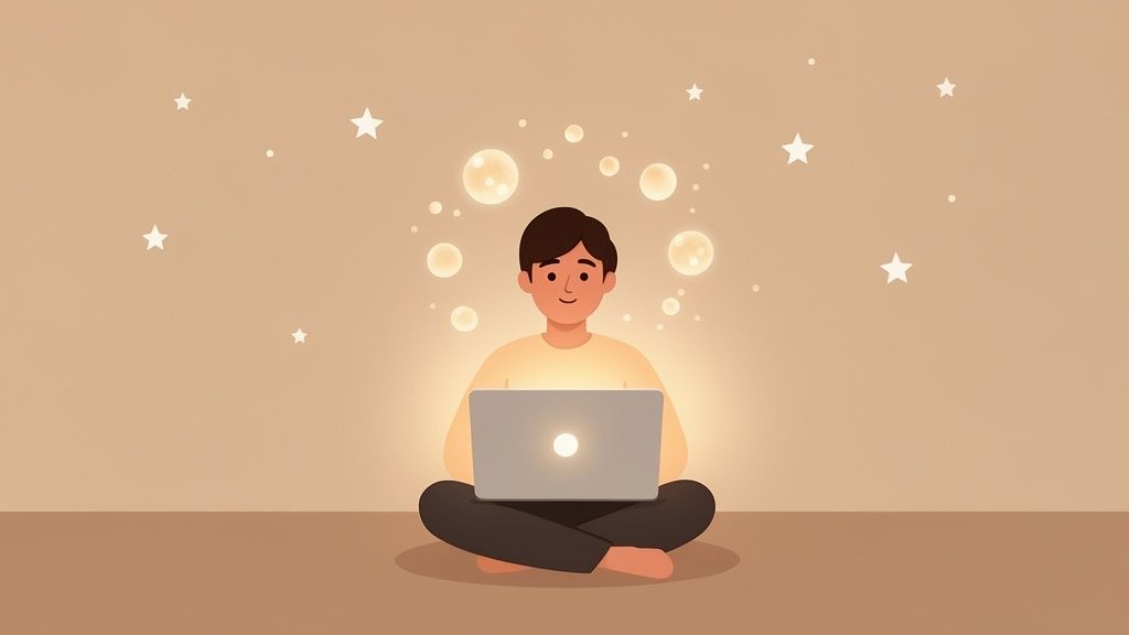 A person sits on the floor, focused on a glowing laptop, surrounded by stars and glowing bubbles.