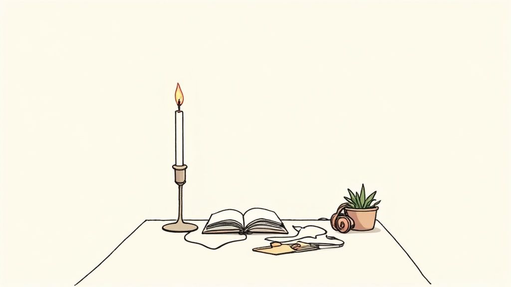 A minimalist drawing of a lit candle, open book, headphones, and a potted plant on a desk.