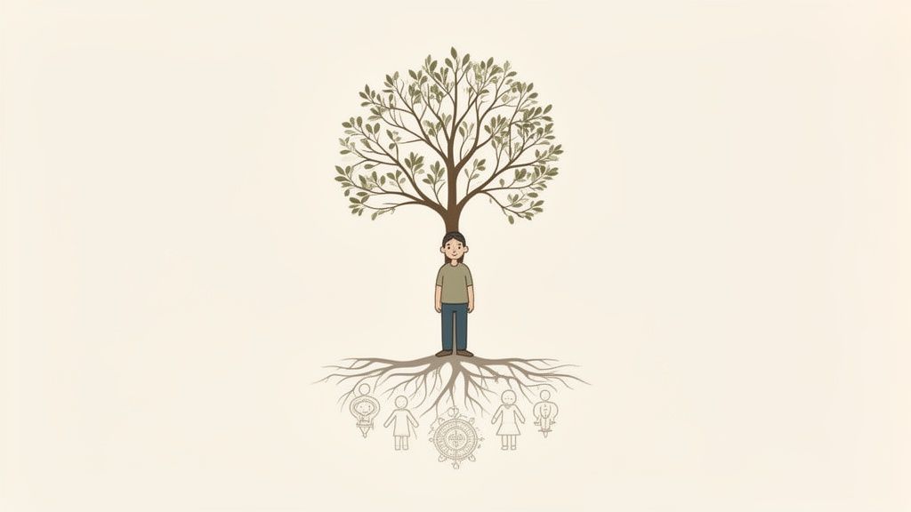 A stylized illustration of a person as a tree trunk, with leafy branches and roots connecting to spiritual symbols.