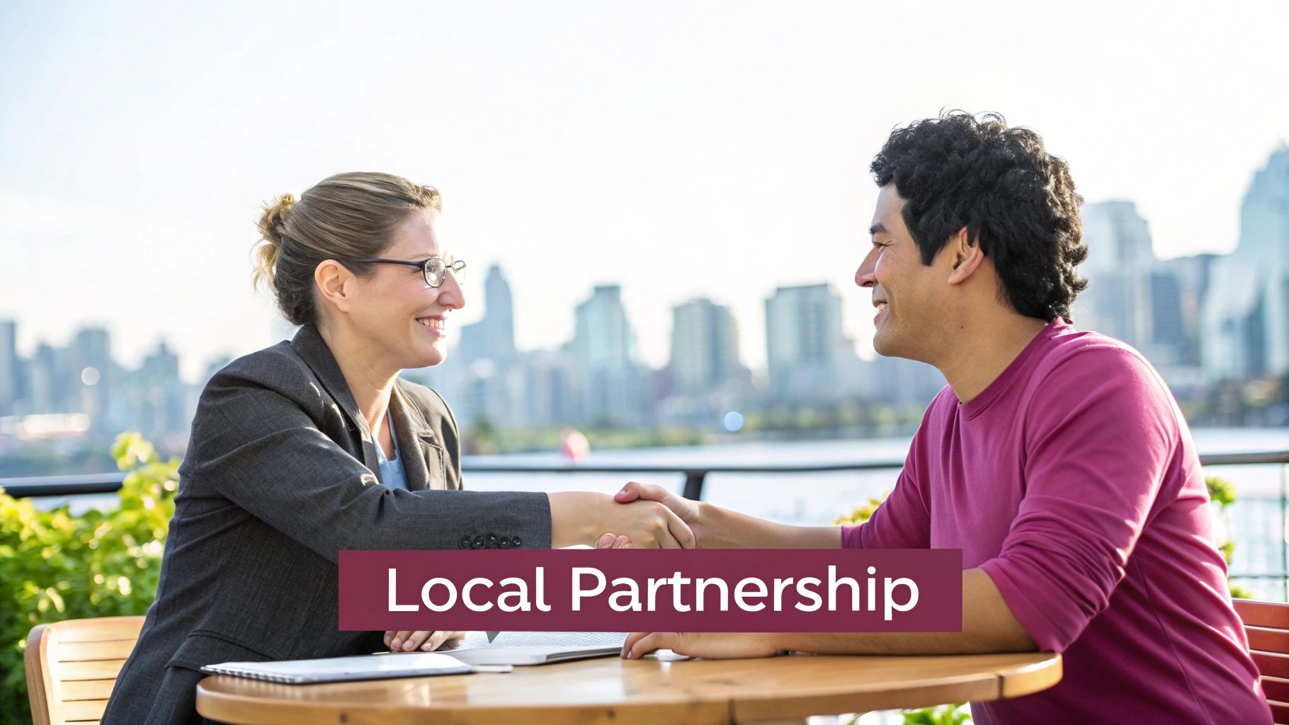 Two business professionals, a woman and a man, shake hands outdoors with a city skyline view, symbolizing local partnership.