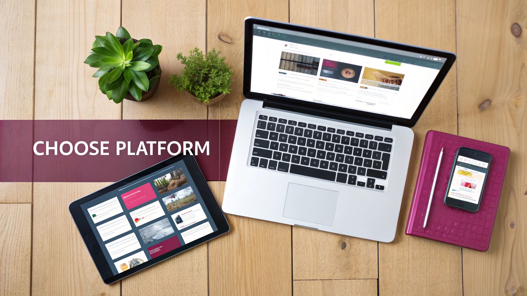 A flat lay of a desk with a laptop, tablet, and phone showing web interfaces and a 'CHOOSE PLATFORM' banner.