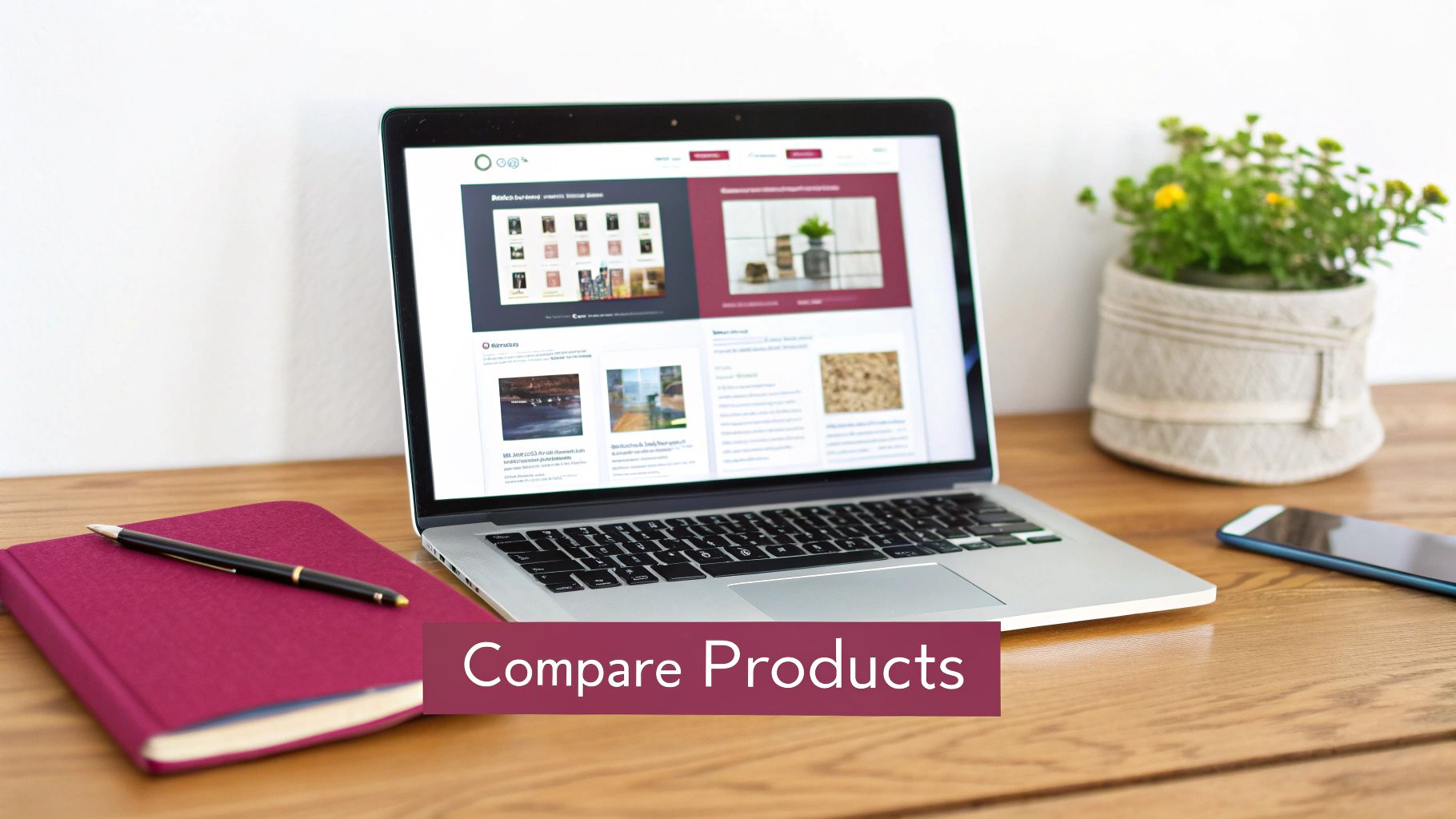 A laptop showing a product comparison website on a wooden desk with a notebook, pen, and smartphone.