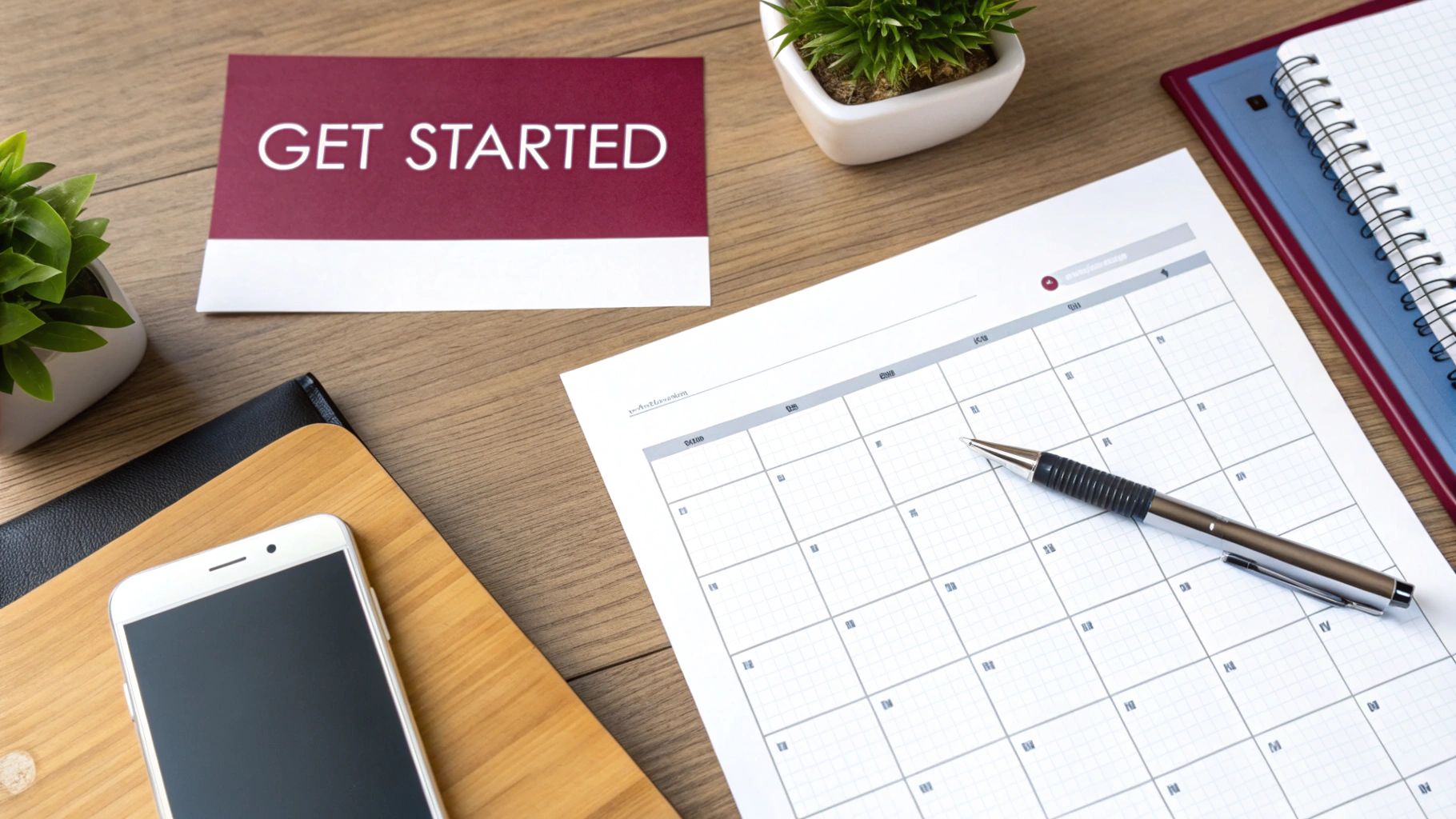 Flat lay of a wooden desk with a 'GET STARTED' card, calendar, pen, phone, and plants.