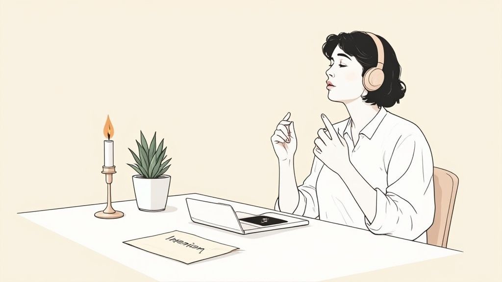 A person with headphones sits at a desk, eyes closed, contemplating with a candle and plant.