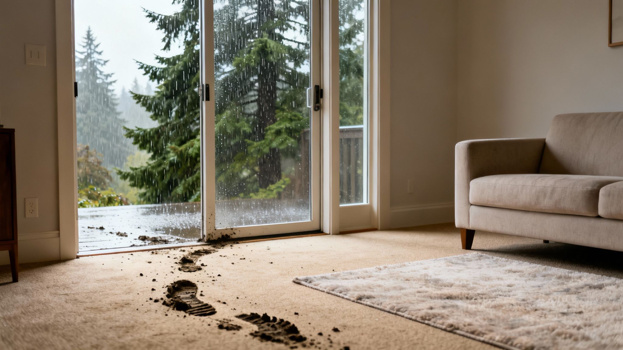 Muddy footprints on a beige carpet leading from an open glass door with rain outside.