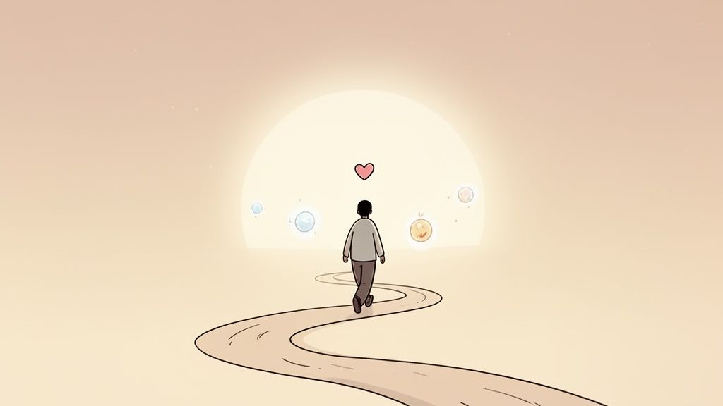 A person walks on a winding path towards a bright light with a floating heart and glowing orbs.