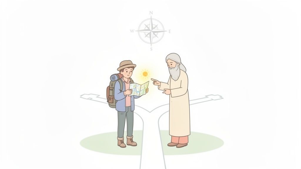 A young traveler receives spiritual guidance from a bearded mentor at a path split, with a compass.