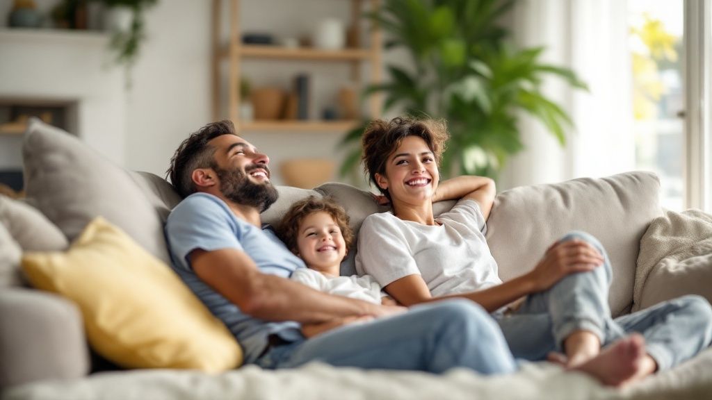 A close-up shot of a clean, patterned armchair in a brightly lit living room.