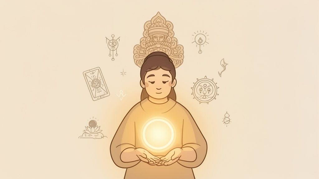 A person meditates with a glowing orb in their hands, surrounded by mystical and psychic symbols.