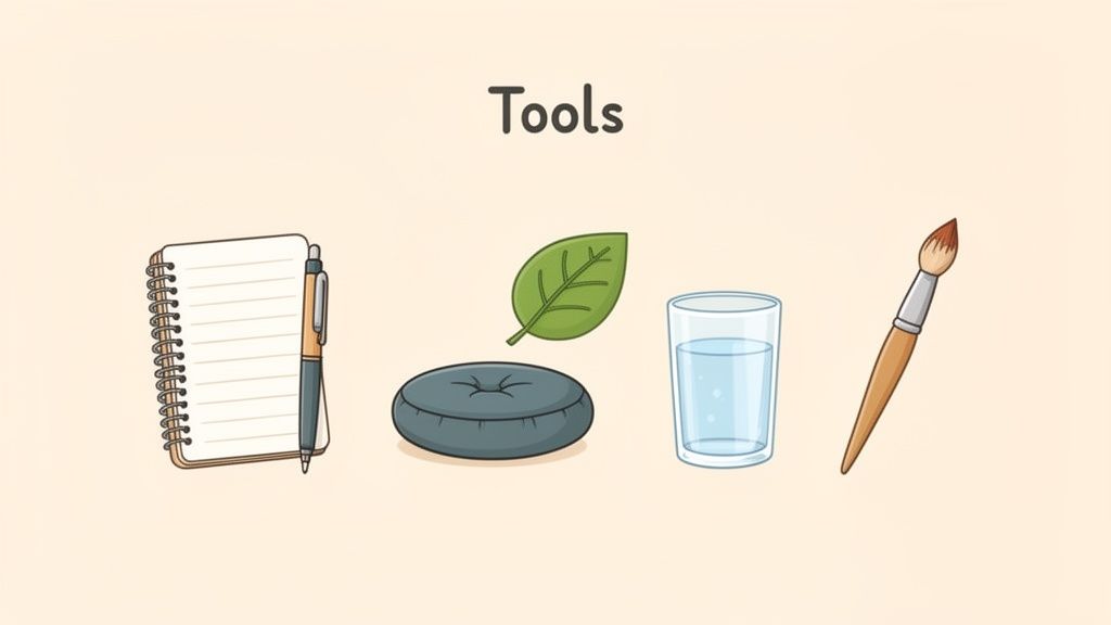 Illustration of various tools including a notebook, pen, leaf, cushion, water glass, and paintbrush.
