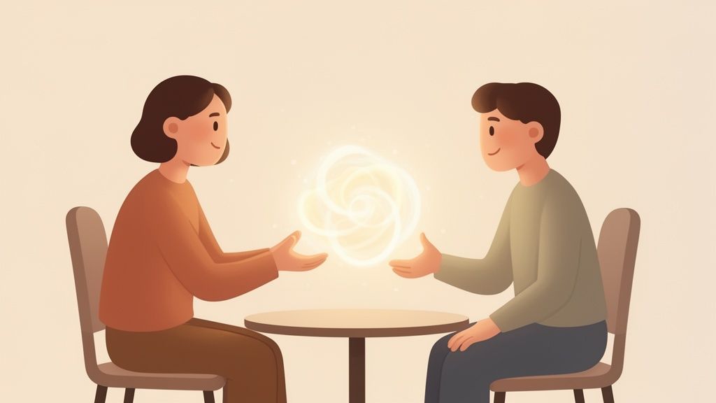Illustration of a man and woman sharing a glowing orb across a table, depicting spiritual connection.