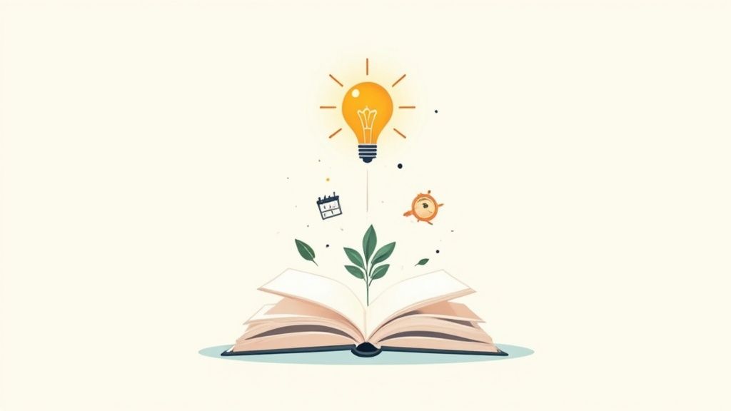 An open book with a plant growing, leading to a glowing light bulb, representing knowledge and ideas.