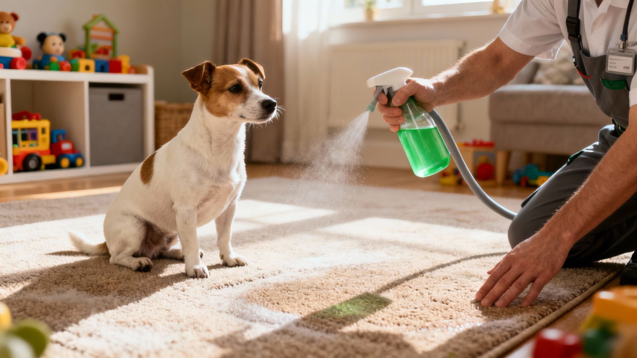 A person cleaning a beige carpet with a spray bottle, while a small dog watches attentively.
