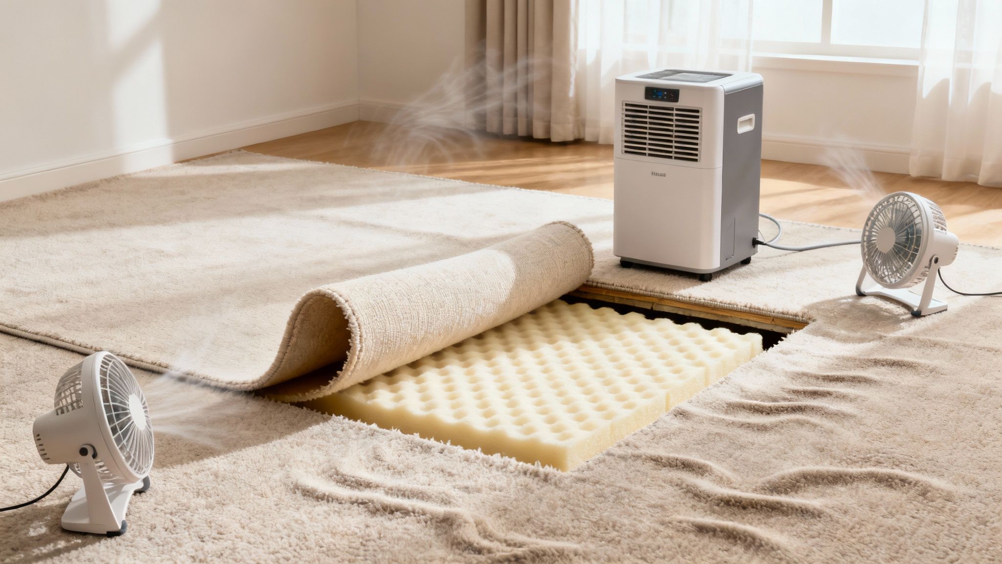 Fans and a dehumidifier working to dry a recently cleaned carpet in a living room.