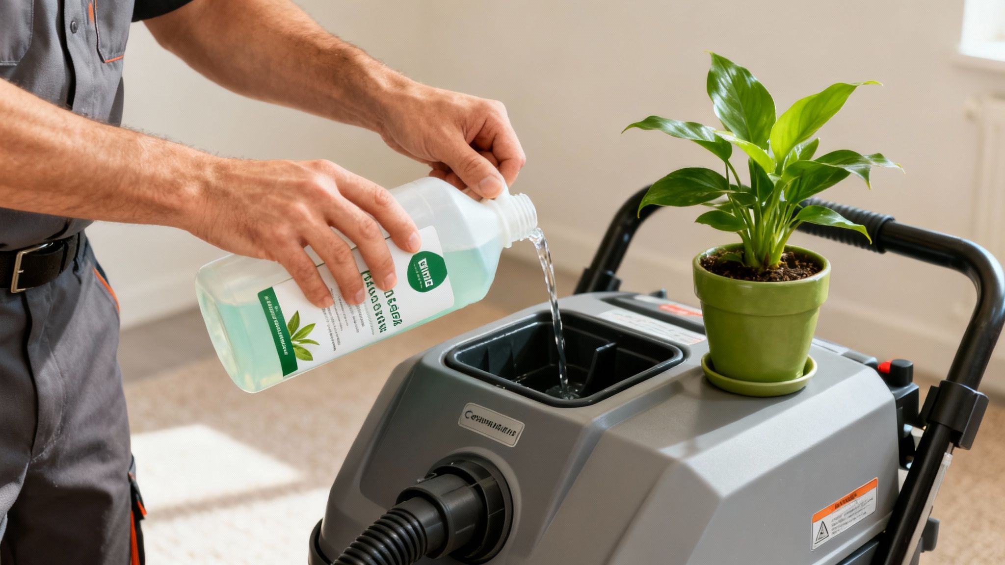 A person pours green liquid from a bottle into a carpet cleaning machine, next to a potted plant.