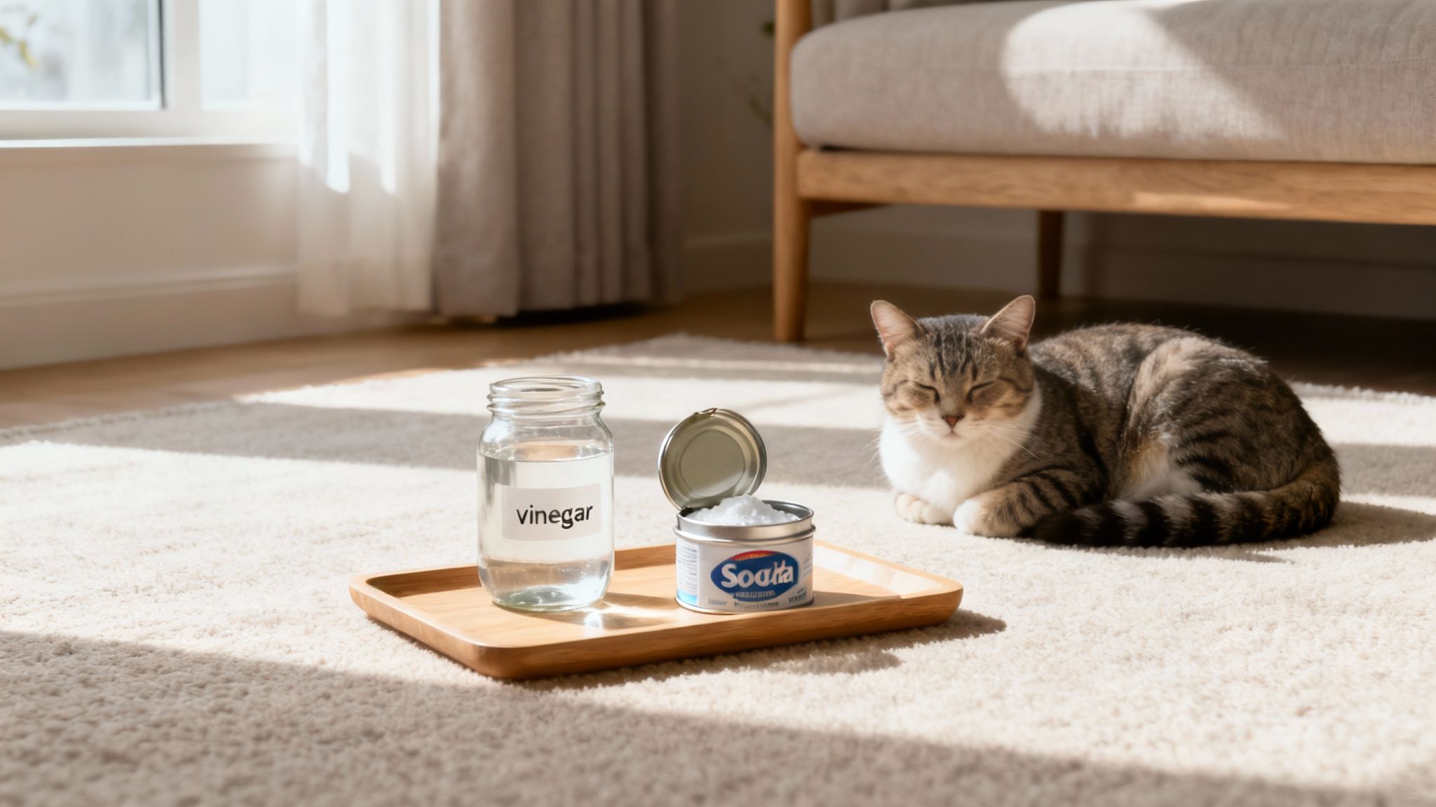 A spray bottle with natural ingredients next to a potted plant on a clean carpet.