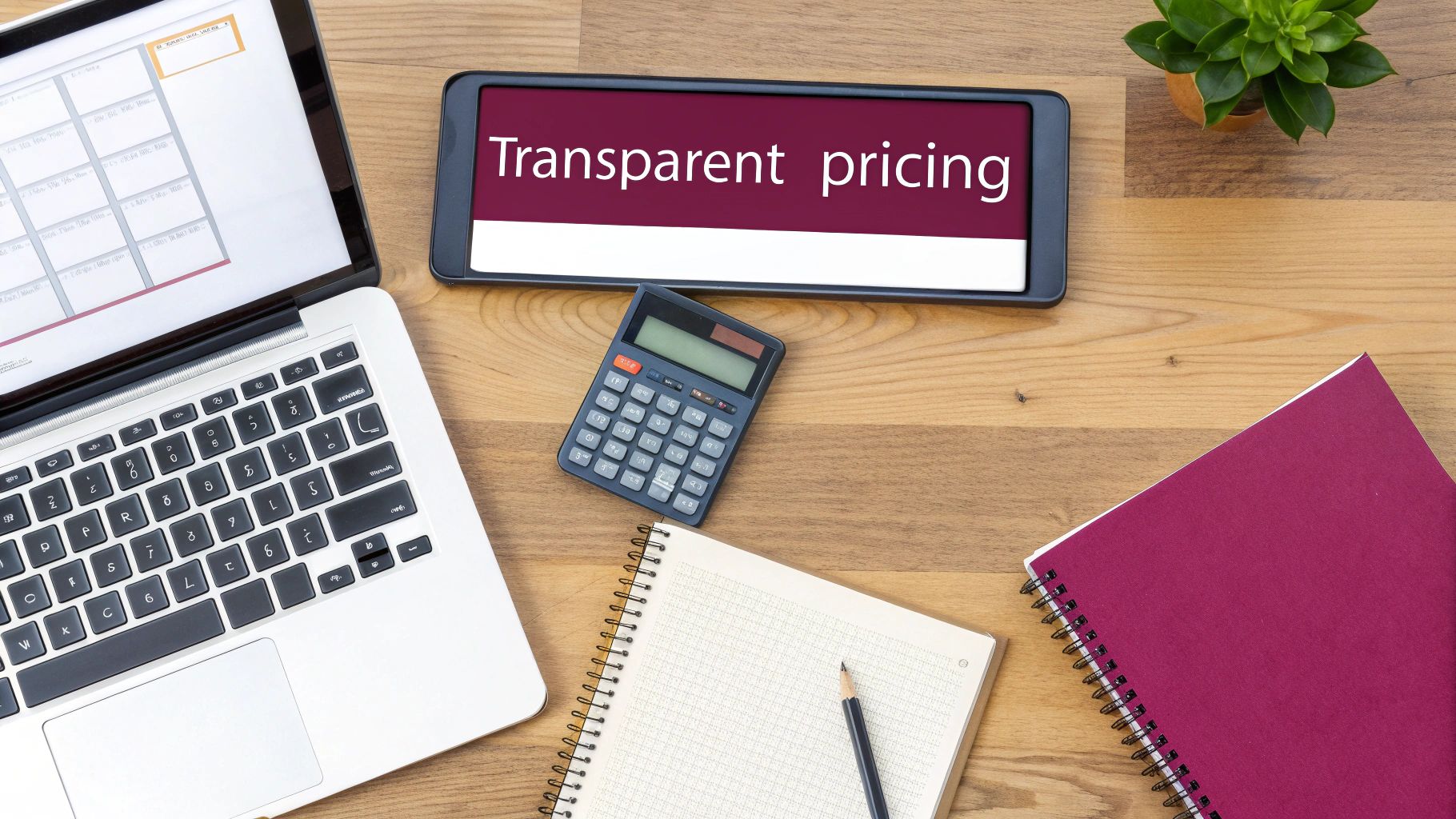 Overhead view of a workspace with a laptop, tablet displaying 'Transparent pricing', calculator, and notebooks.