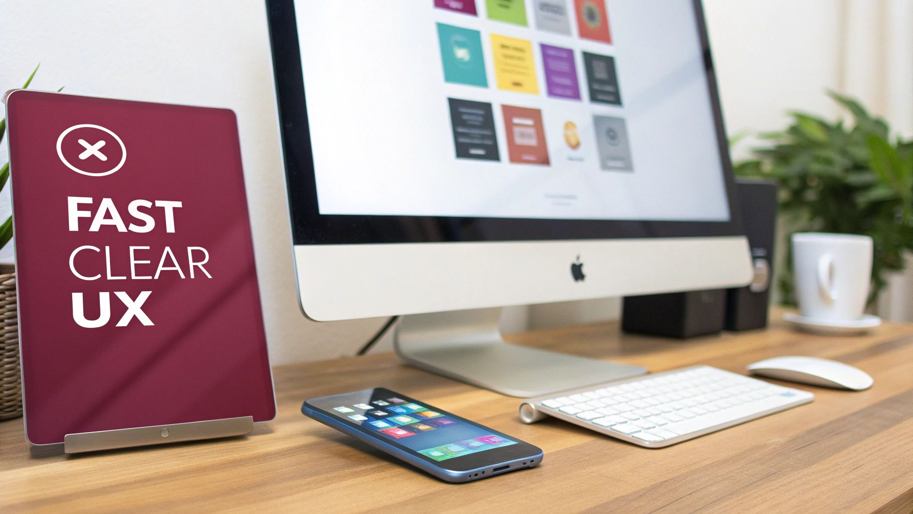 A team collaborating on a website's user experience design on a large screen