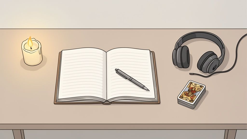 Overhead view of a table with a candle, open notebook, pen, headphones, and a stack of tarot cards.