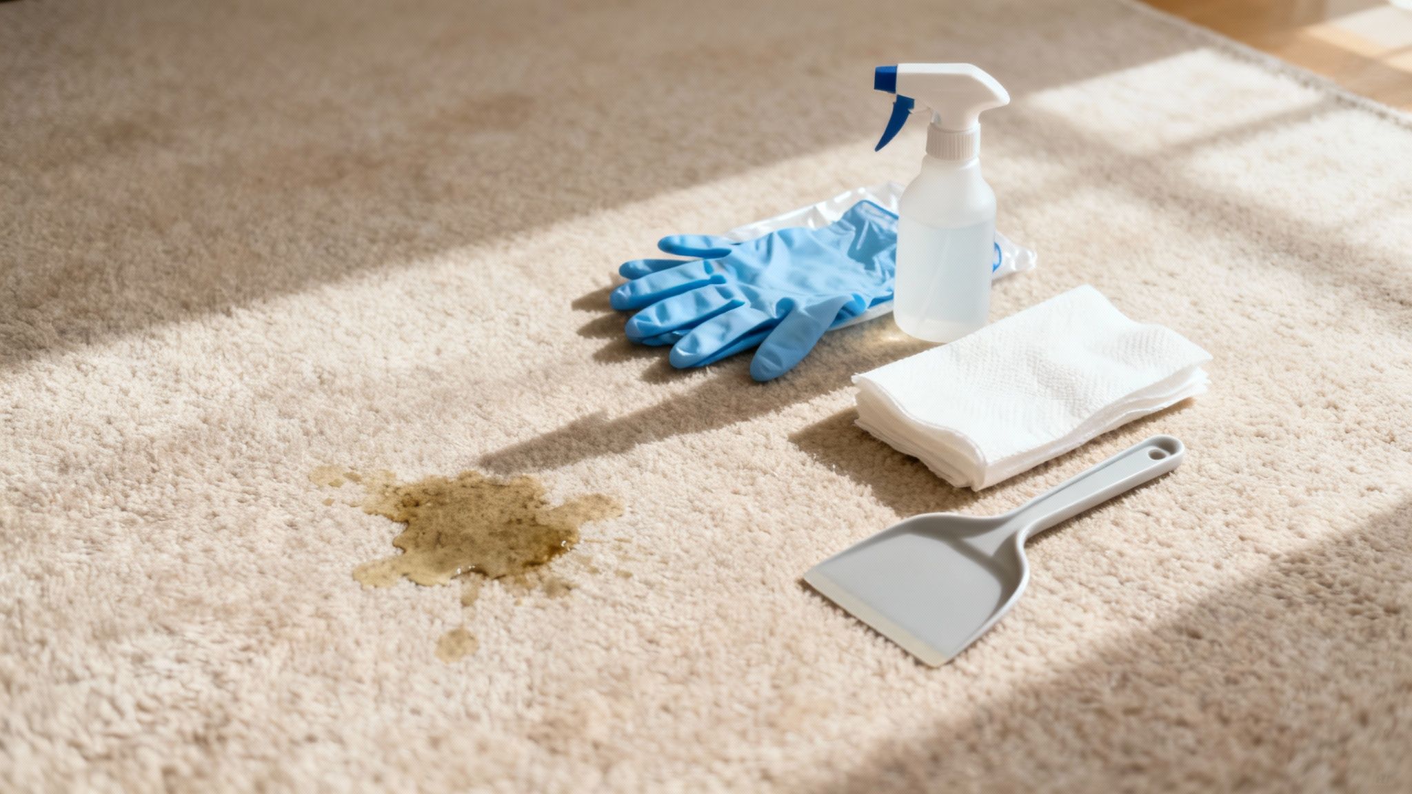 A person wearing gloves and using a spatula to carefully scrape up a mess from a light-coloured carpet.