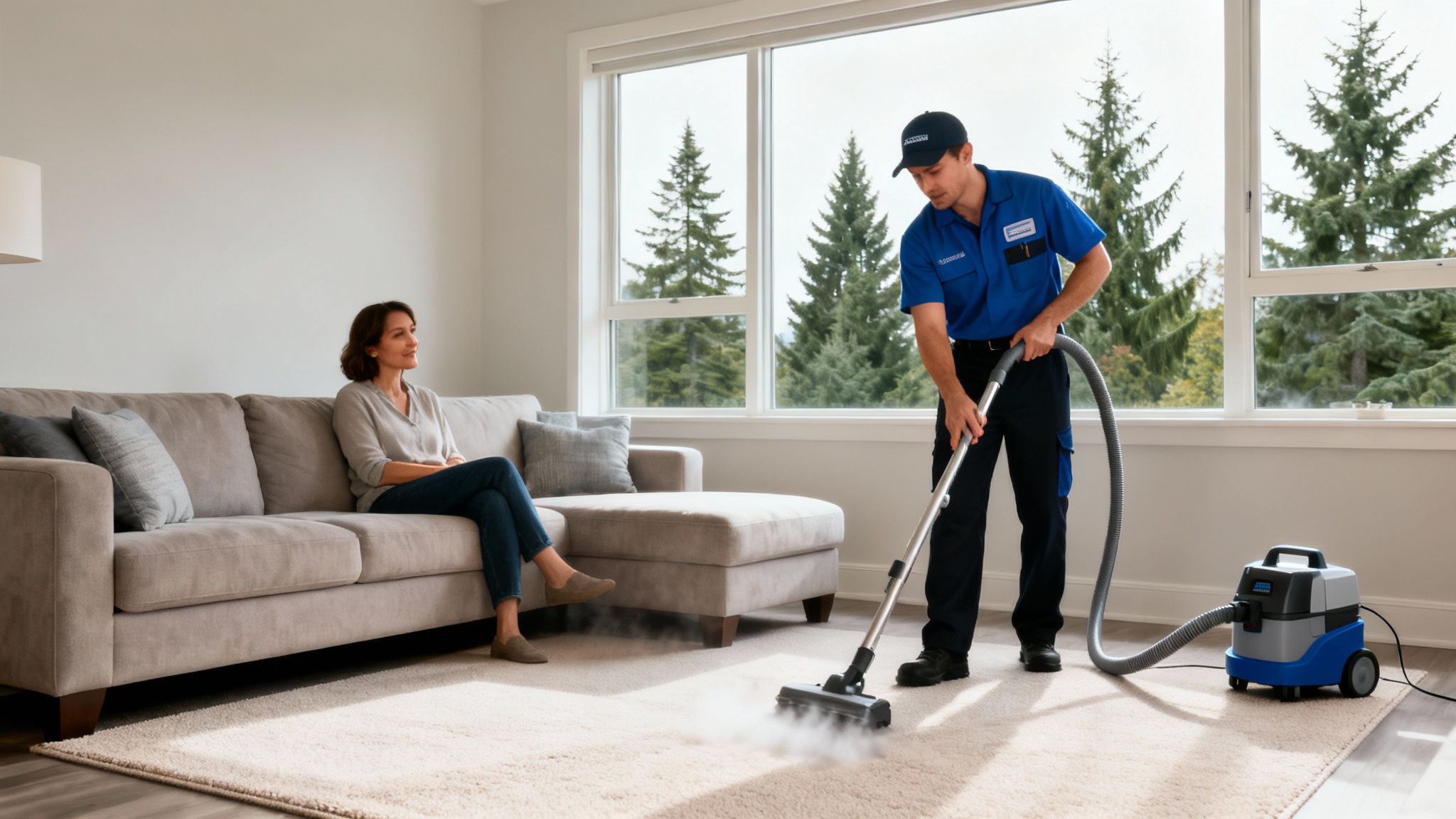 A professional carpet cleaner in a blue uniform cleans a living room rug while a woman watches.