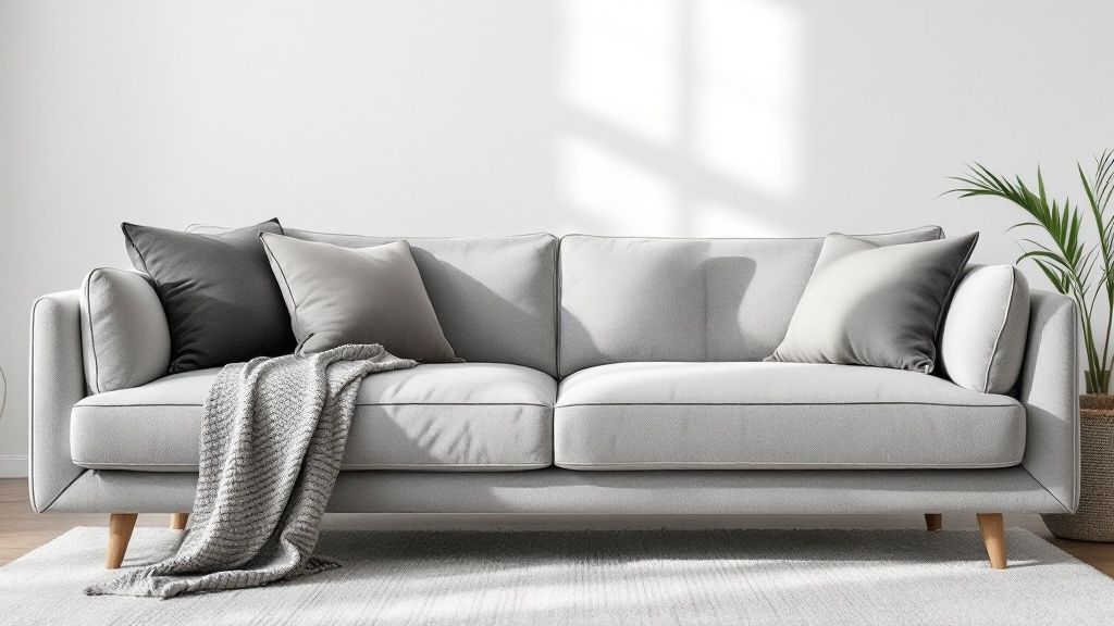 A professional cleaner using an upholstery cleaning machine on a light-coloured sofa.