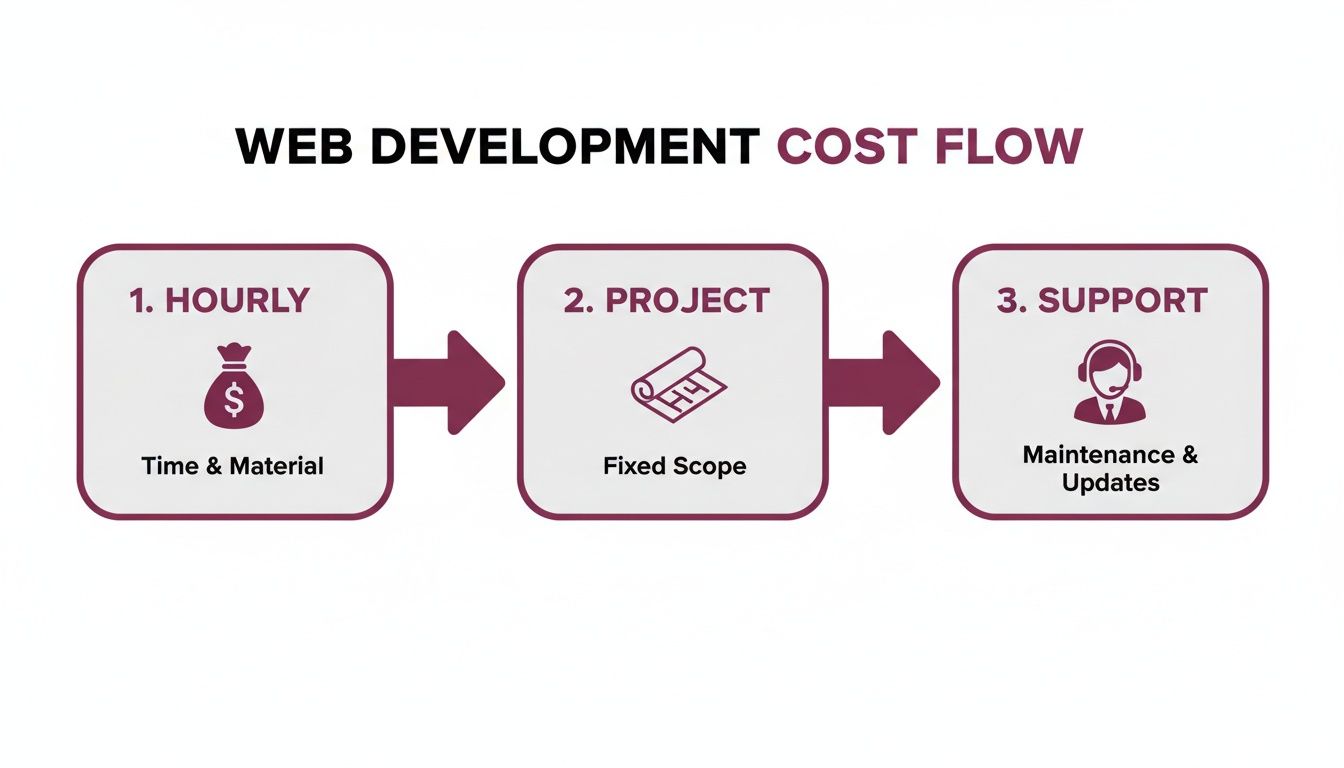 Web development cost flow infographic showing hourly, project, and support payment models.
