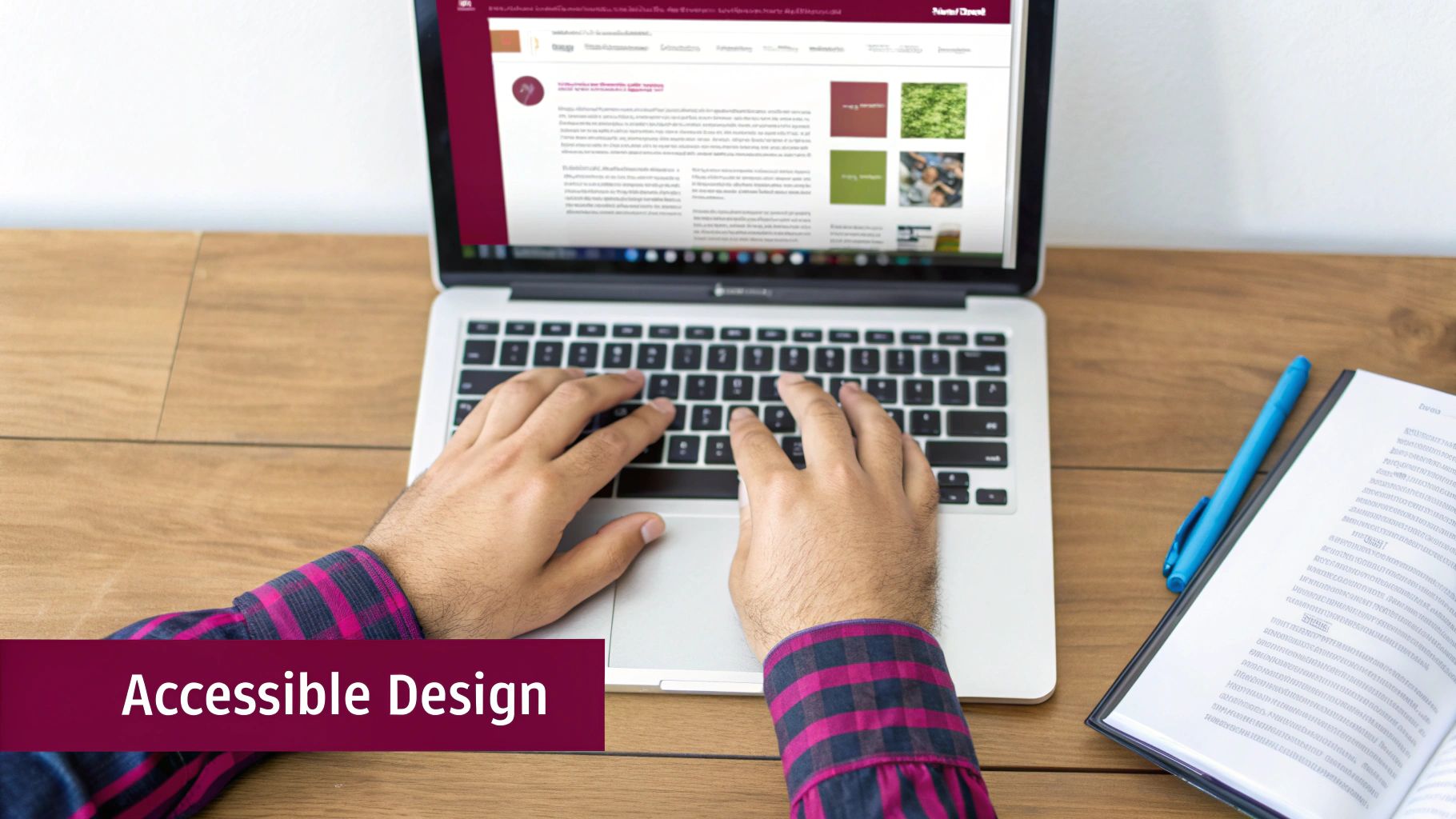 A person's hands typing on a laptop displaying a website about accessible design, on a wooden desk.