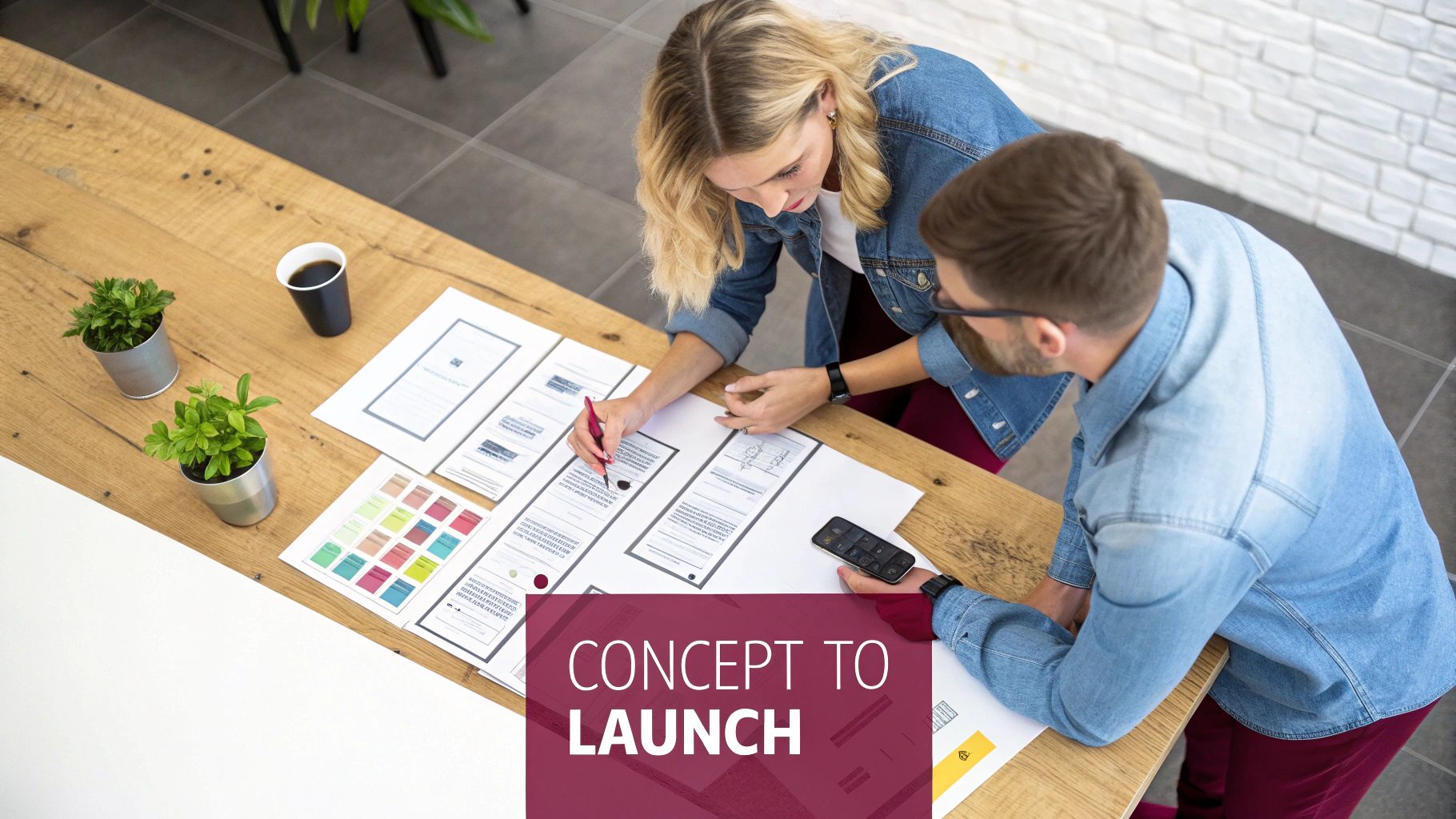 Two web designers collaborating on website layouts and wireframes, reviewing designs and color palettes.