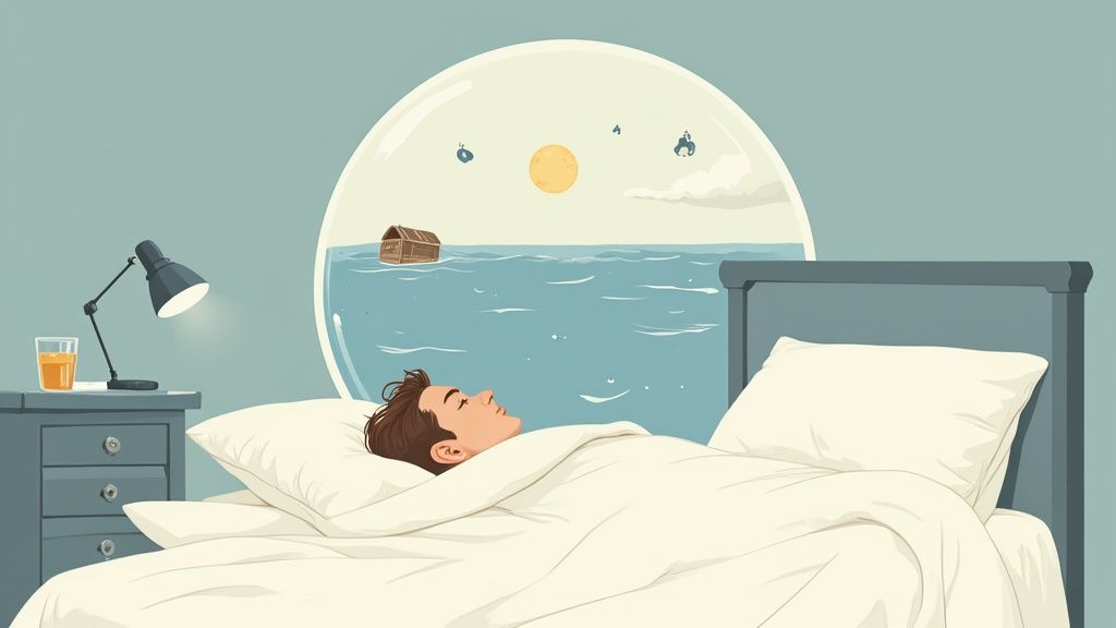 A person gazing thoughtfully at a surreal, dreamy skyscape with clouds and stars.