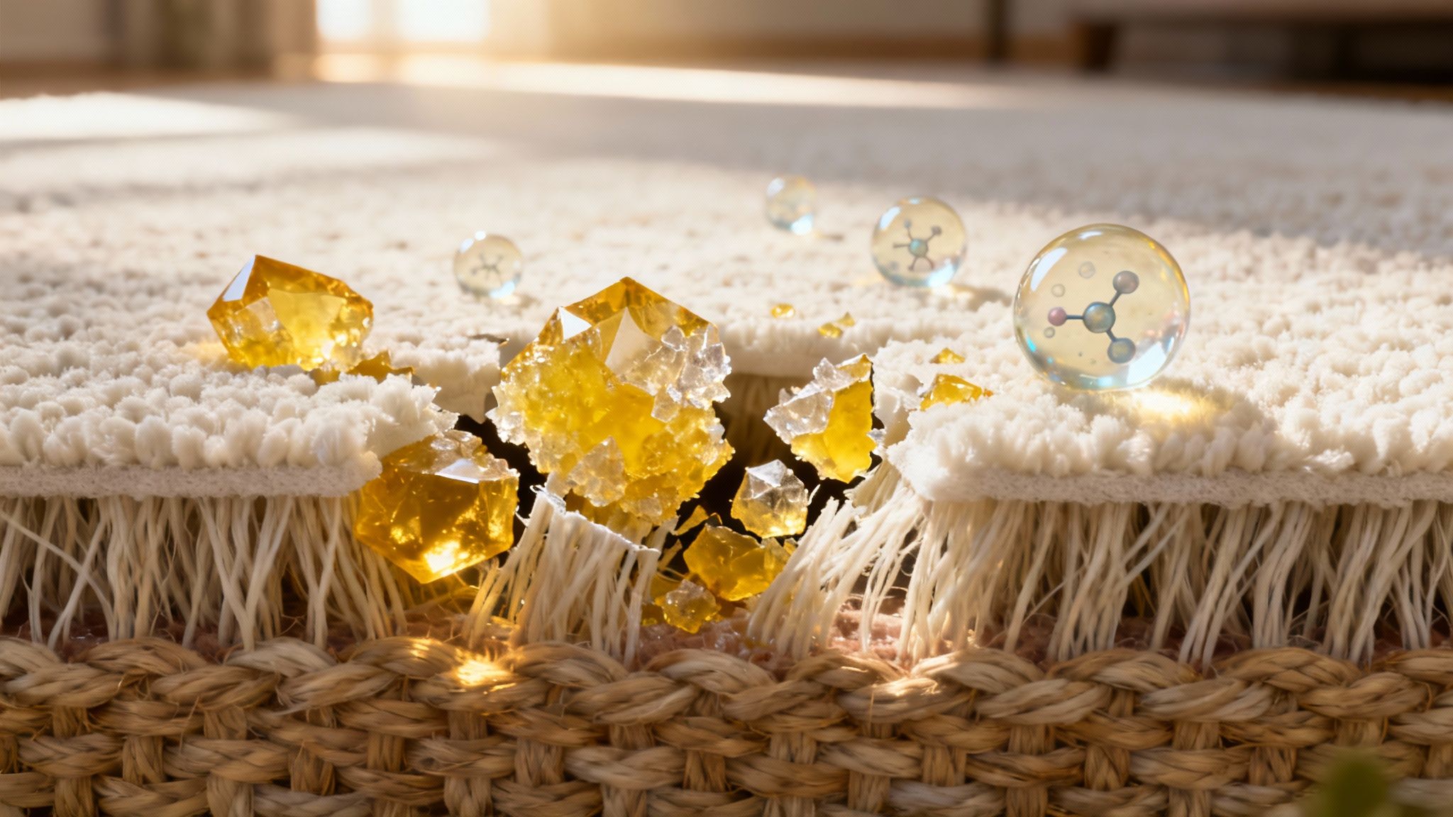 Microscopic view of carpet fibers with dirt and particles being cleaned.