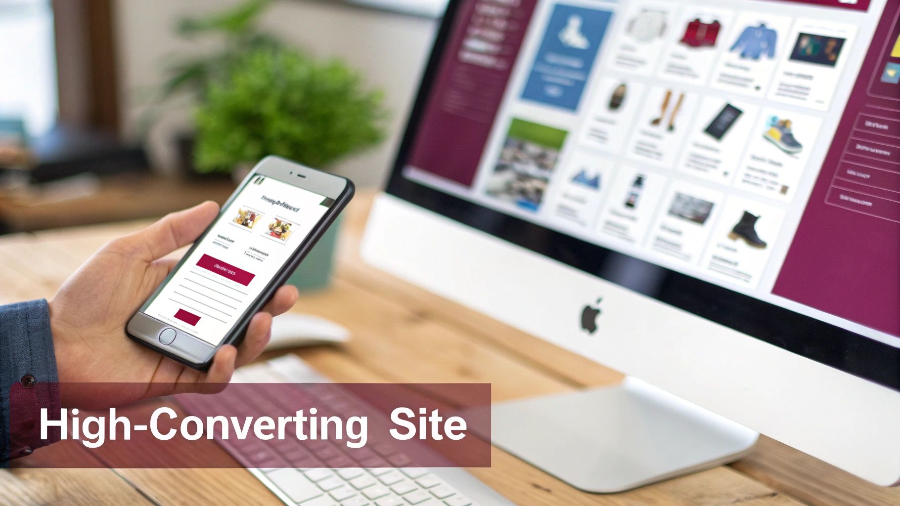 Person using a smartphone and desktop computer to browse a responsive e-commerce website, highlighting high conversion.