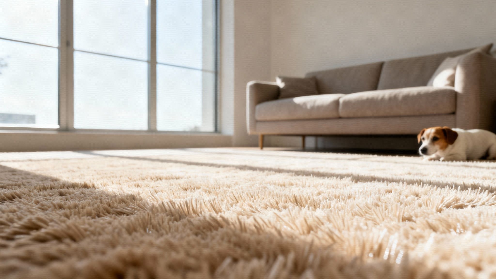 A cozy living room with a fluffy beige carpet, a sofa, and a dog basking in sunlight.