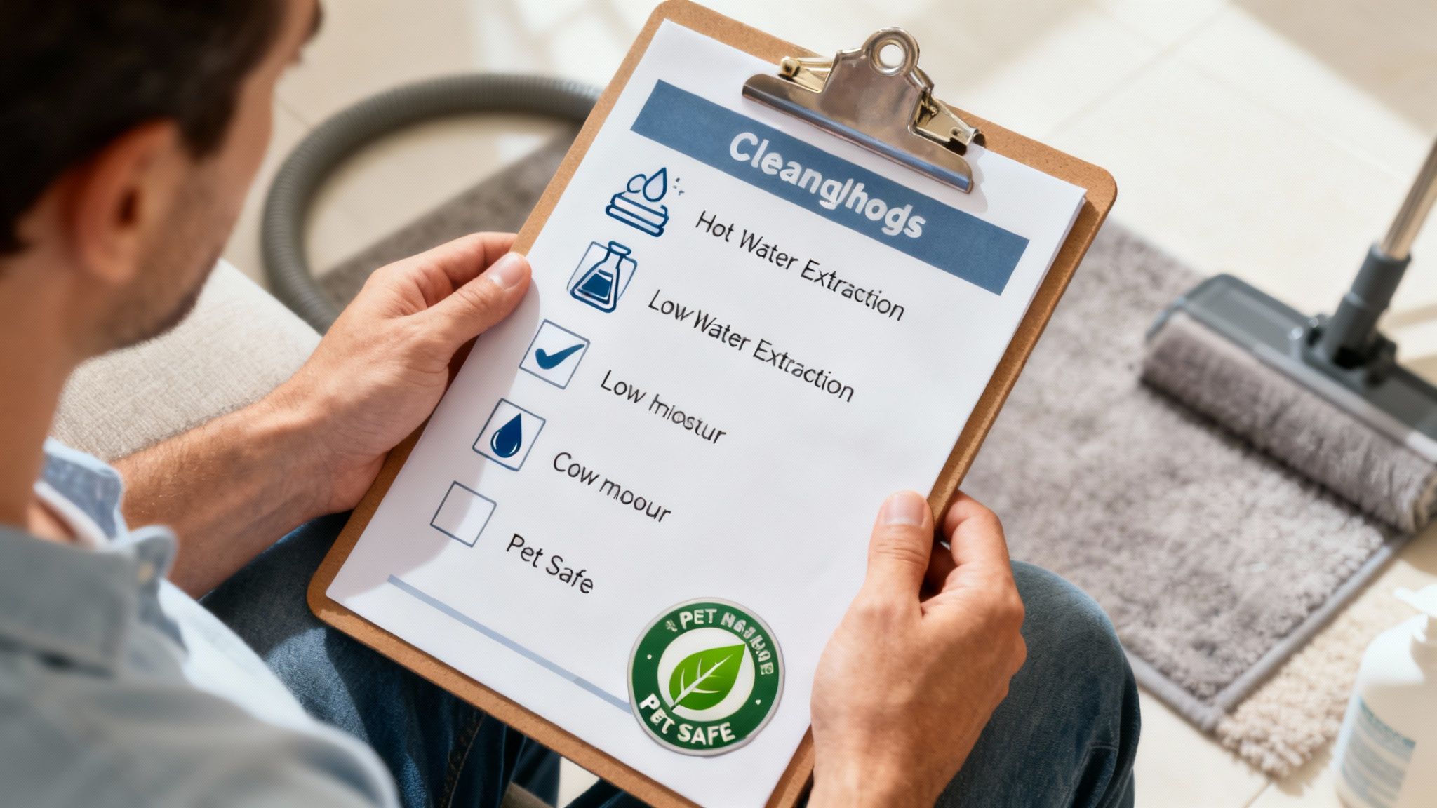 A close-up shot of a person's hand pointing at a checklist on a clipboard, with a clean rug in the background.