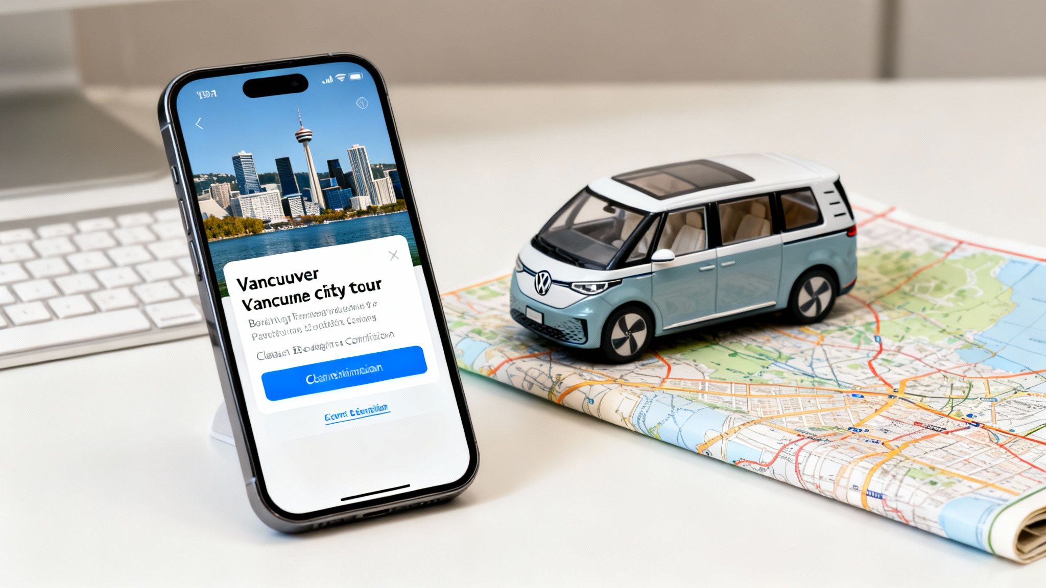 A smartphone shows a Vancouver city tour ad, beside a toy VW van and a map.