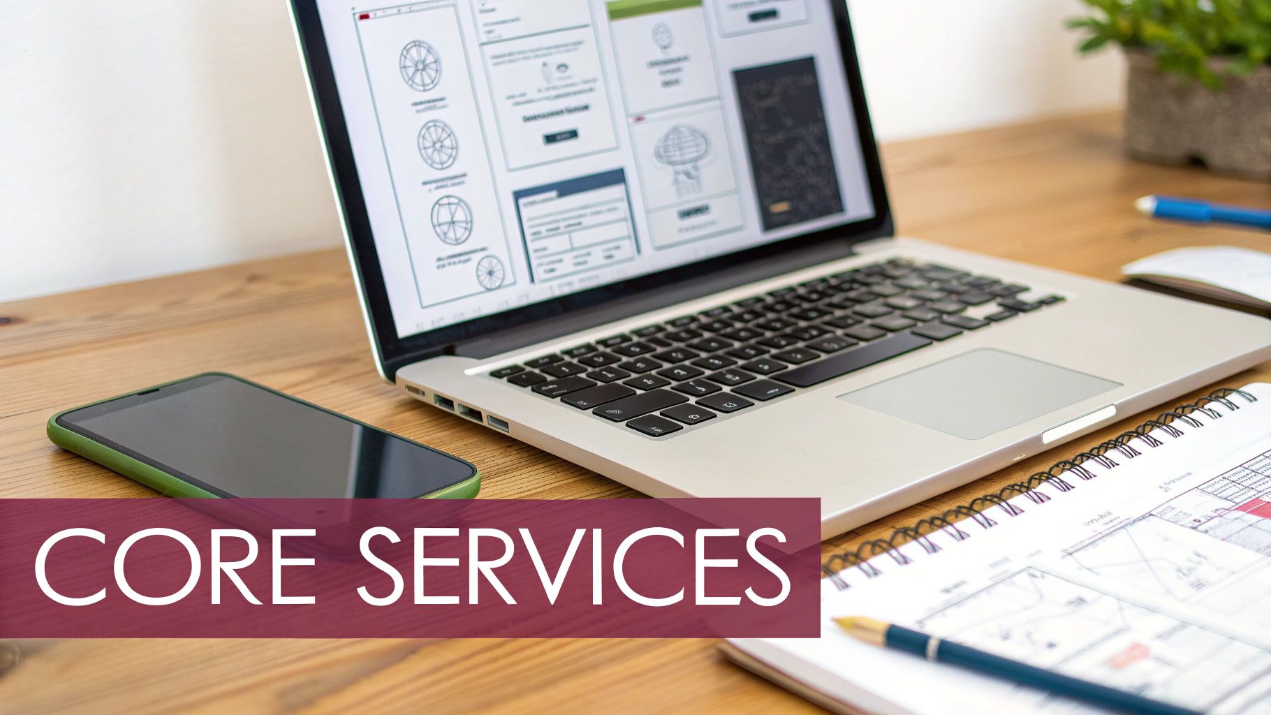 A laptop displaying web design concepts, a smartphone, and a notebook with a pen on a wooden desk, emphasizing core services.