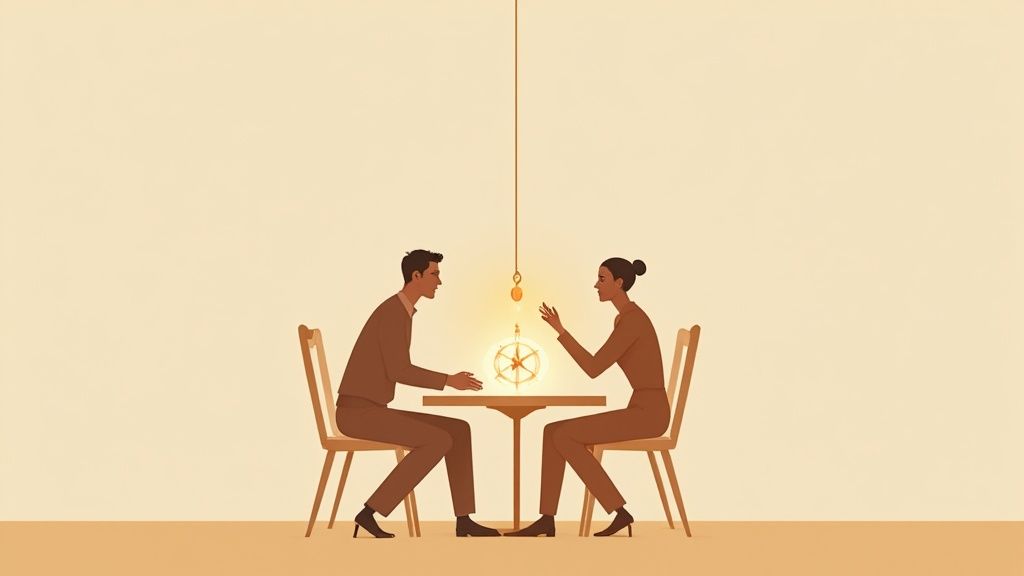 A man and woman sit at a table, looking at a glowing compass between them.