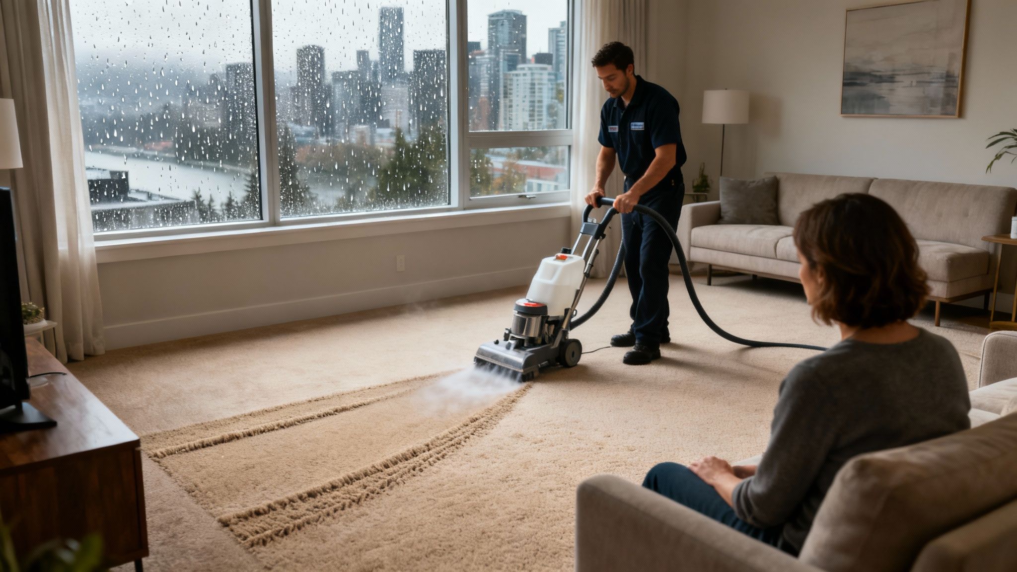 Professional carpet cleaner deep cleaning a living room carpet while a woman watches on a rainy day.