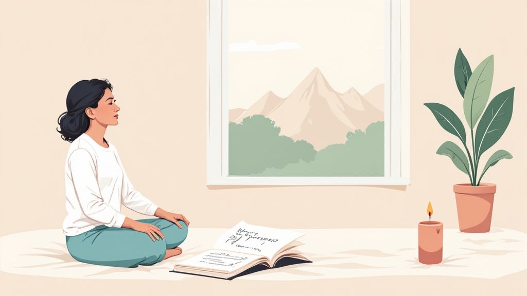A person meditating in a peaceful, sunlit room, preparing for an intuitive session.