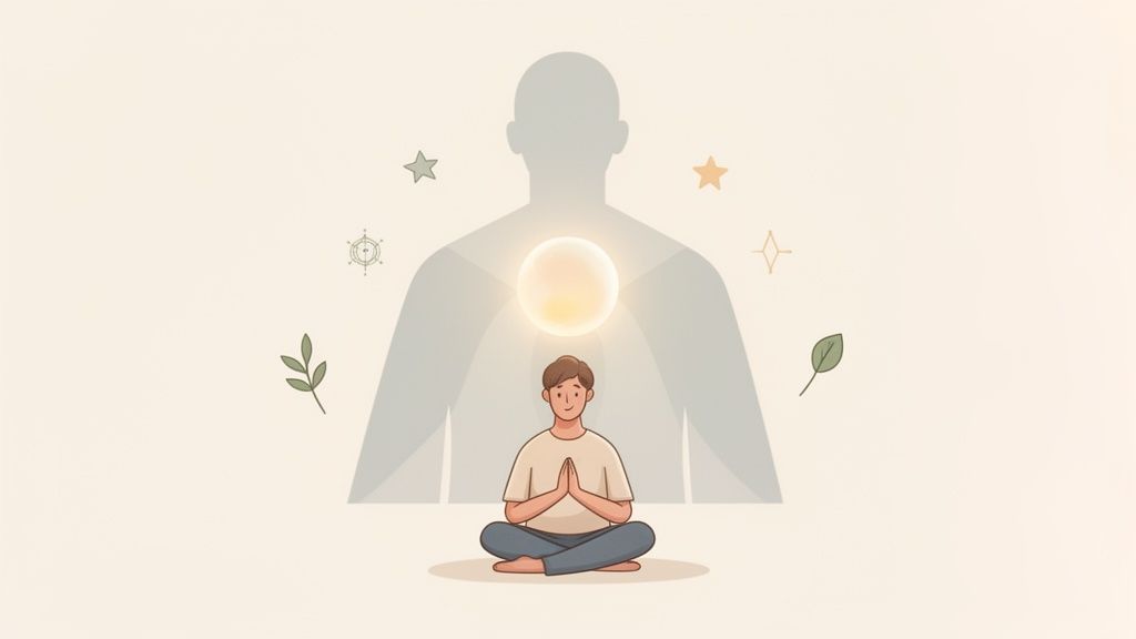 A person meditating in lotus pose with a glowing light at their chest, symbolizing inner peace.