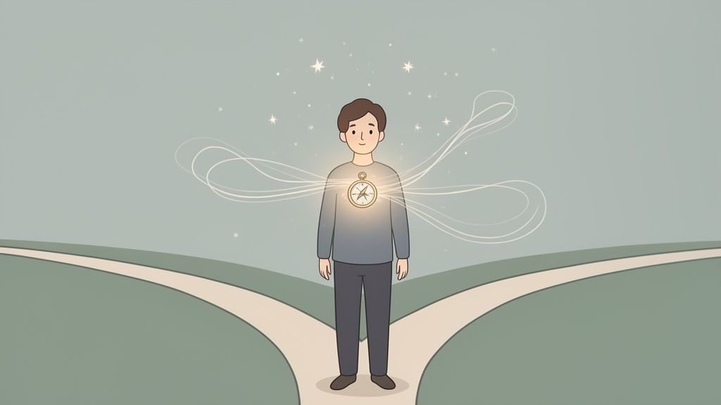An illustration of a person at a diverging path, guided by an inner glowing compass and stars.